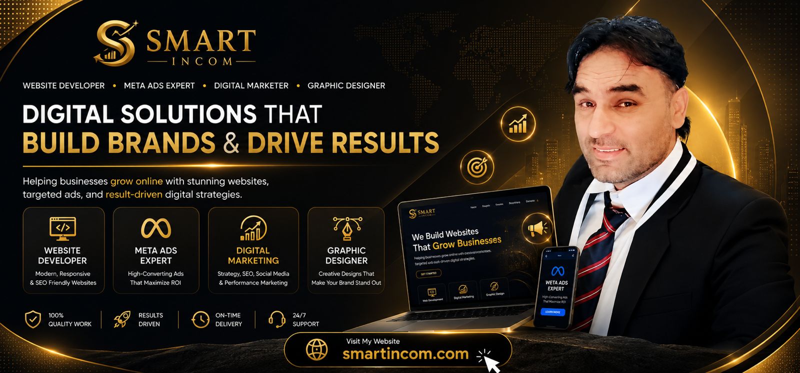 Professional black and gold digital marketing banner for Smart Incom featuring a suited businessman, website development, Meta ads, digital marketing, and graphic design services. The design includes glowing gold accents, a laptop and mobile mockup, business growth icons, and the website smartincom.com with the slogan “Digital Solutions That Build Brands & Drive Results.”